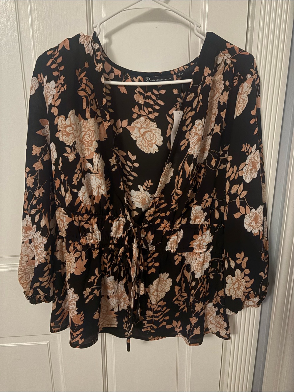 New York & Company Black Floral Tie-Waist Blouse with Tan & Cream Flowers